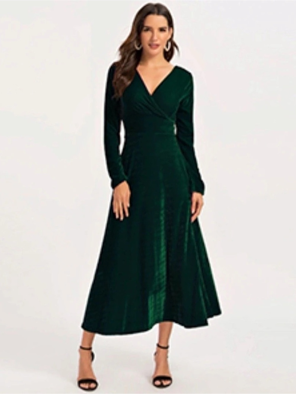 Escalier Green Velvet Midi V Neck Dress Holiday Whimsigoth Long Sleeve Small